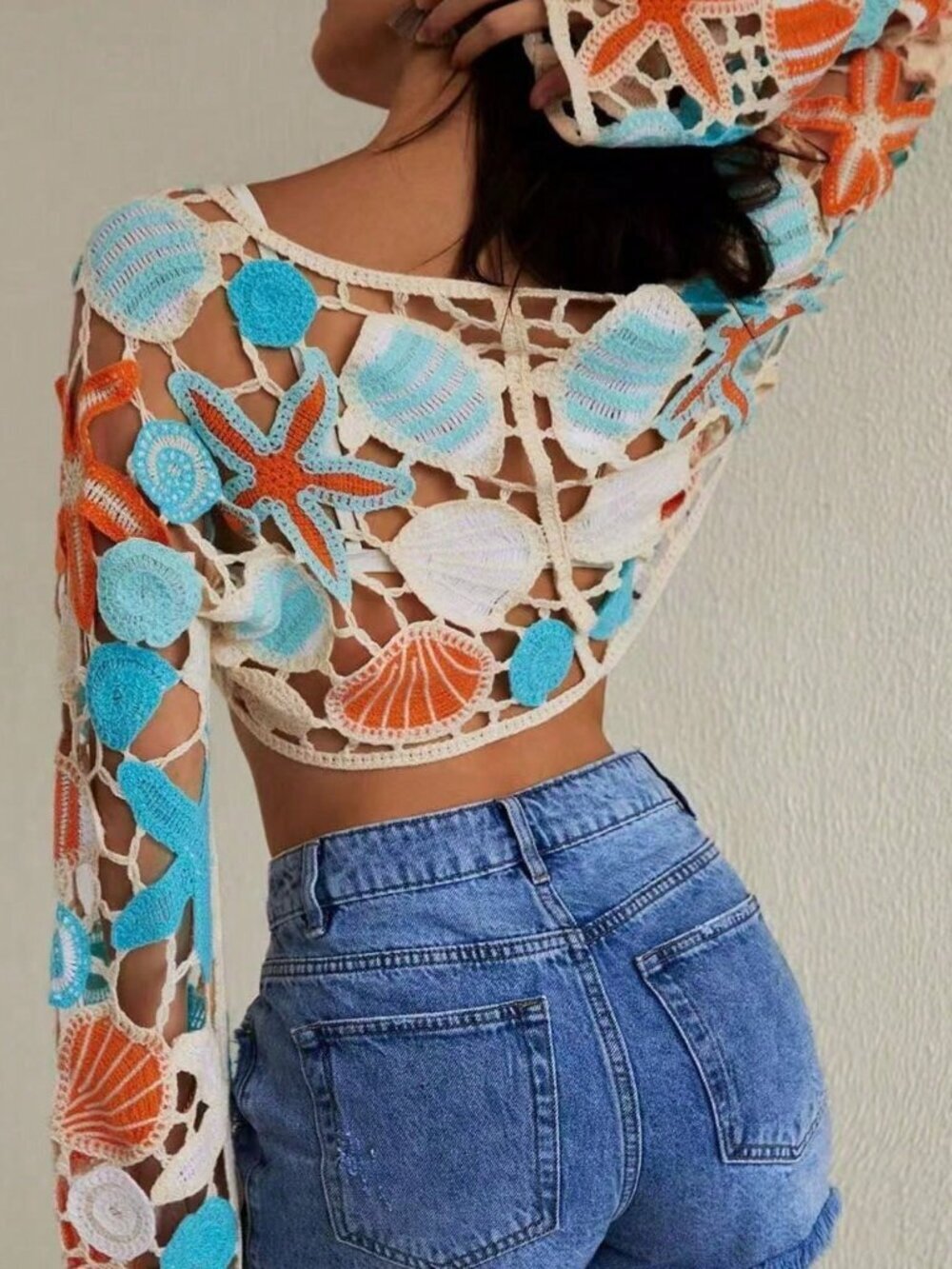 Multicolor Vacation Women's Ocean Print Crochet Flare Sleeve V-Neck Blouse - Picture 3 of 5